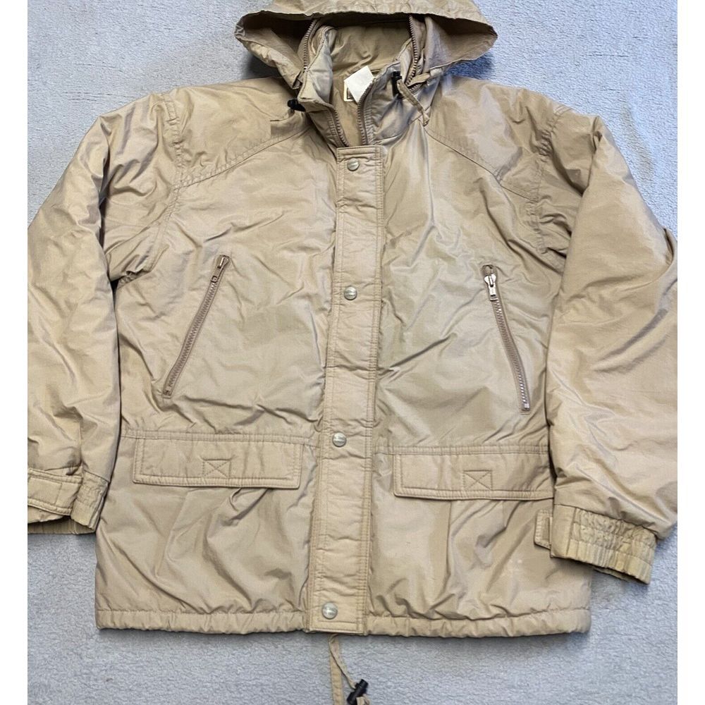 Vintage LL Bean Jacket Mens L Khaki Chore Field Safari Utility Nylon Hidden Hood